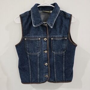 Vintage Womens Denim Vest Size Small Leather Trim Retro 90S Jean Jacket Western